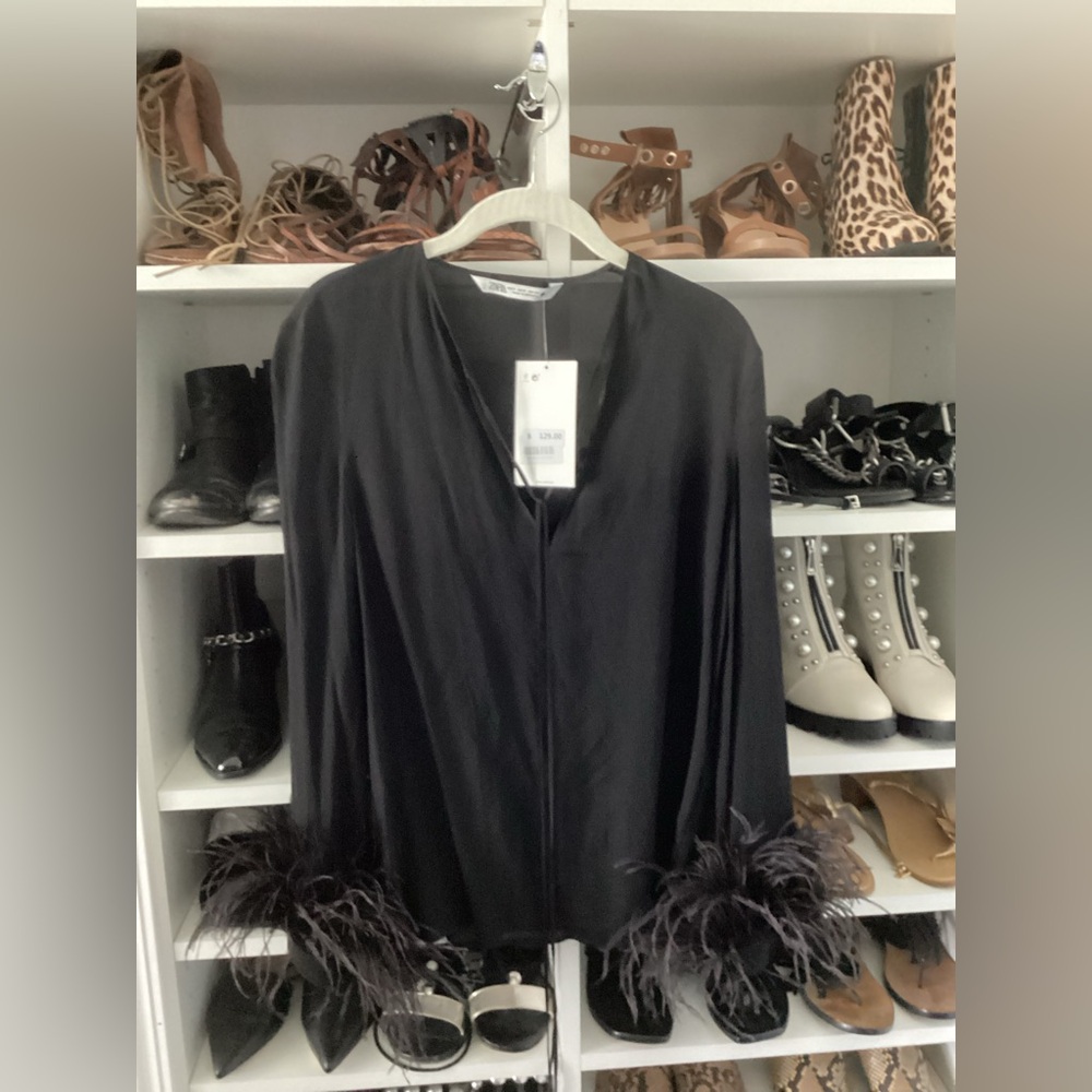 Zara Black Blouse with Feather Cuffs